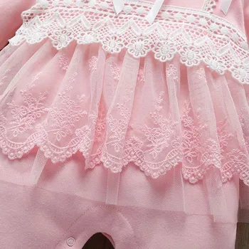 Rudens Zīdaiņu Meitene Kombinezonus ar garām Piedurknēm Bērnu Meitene Cute Drēbes ar garām Piedurknēm Romper Mežģīņu Ziedu Kleitu Jumpsuit Jauno 0-9M