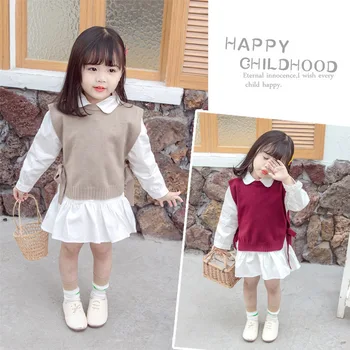 Rudenī Bērnu Vest gril ir korejiešu apaļu Kakla Adītas Vilnas Plānais Bērnu Pulovers toddler meitene apģērbs