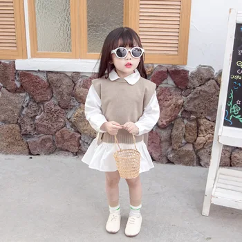Rudenī Bērnu Vest gril ir korejiešu apaļu Kakla Adītas Vilnas Plānais Bērnu Pulovers toddler meitene apģērbs