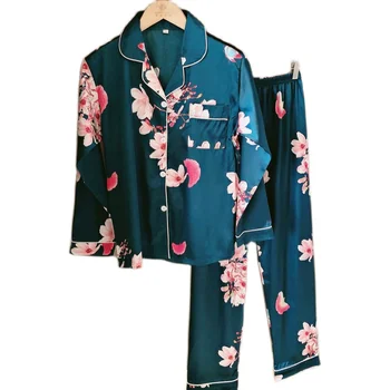 Rudenī sieviešu salds luksus zīda Pidžamas Komplekti, Satīna Pijama Sleepwear Dāma ar garām Piedurknēm Pavasara Naktsveļu Femme 2 Gabali Homewear