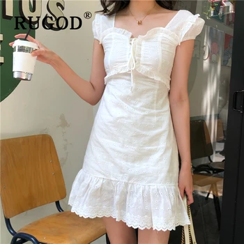 RUGOD Elegants puff piedurknēm ar mežģīņu dobi no sievietes kleitu korejas elegants mežģīnes up mini kleitu Modes balta vasaras kleitas vestidos 2019 2932
