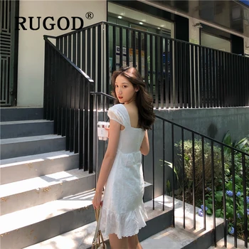 RUGOD Elegants puff piedurknēm ar mežģīņu dobi no sievietes kleitu korejas elegants mežģīnes up mini kleitu Modes balta vasaras kleitas vestidos 2019