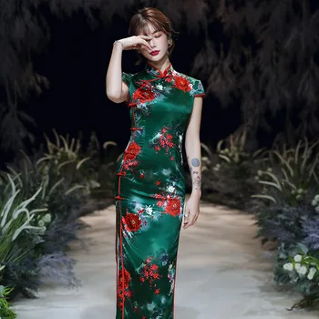 S-5XL Sieviešu Ķīnas Qipao Kleitas, Vasaras Austrumu Cheongsam Chipao Ilgi Zīda Augstās Modes Zaļā Zīdu Elegantas Vakara Kleitas