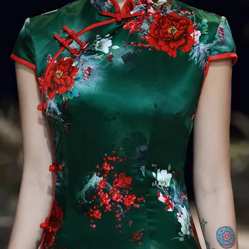S-5XL Sieviešu Ķīnas Qipao Kleitas, Vasaras Austrumu Cheongsam Chipao Ilgi Zīda Augstās Modes Zaļā Zīdu Elegantas Vakara Kleitas