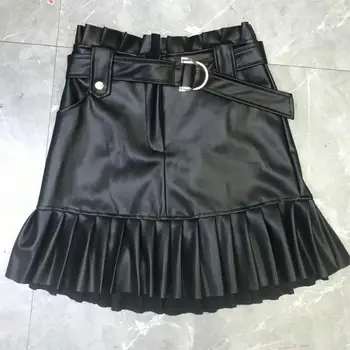 Seksīga, Elegants melns Pu ādas sieviešu svārki ar Augstu Jostas Vidukļa Kroku Svārki Gadījuma Streetwear Puse mini svārki Faldas