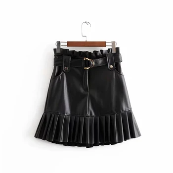 Seksīga, Elegants melns Pu ādas sieviešu svārki ar Augstu Jostas Vidukļa Kroku Svārki Gadījuma Streetwear Puse mini svārki Faldas