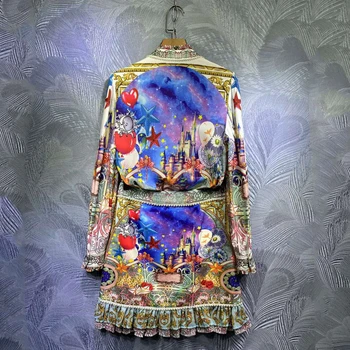 SEQINYY Vintage Set Ziedu Drukāt 2020. Gadam Pavasara Vasaras Jaunā Modes Dizaina Sievietes Ruffles Krekls + Mini Frēzēšana Svārki Uzvalks