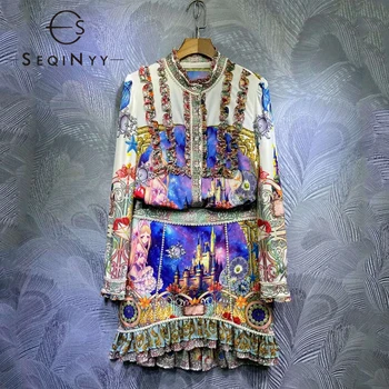 SEQINYY Vintage Set Ziedu Drukāt 2020. Gadam Pavasara Vasaras Jaunā Modes Dizaina Sievietes Ruffles Krekls + Mini Frēzēšana Svārki Uzvalks