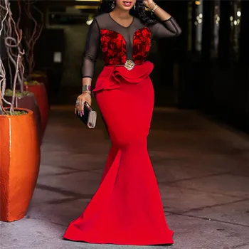 Sexy Acs Gara Kleita Sirēna Red Āfrikas Puse Vakariņas Kluba Drēbes Taures Ruffles Dizains Elegants Sieviešu Vestiods Maxi Kleitas