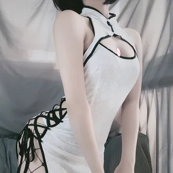 Sexy Cosplay Kostīmu Ķīnas Melna Balta Cheongsam Erotiska Dāmas Babydoll Kleita Apģērbs Iedomātā Slim Atvērtu Krūšu Vienotos Par Sievietēm