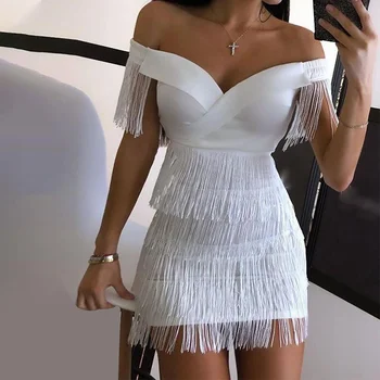 Sexy Piedurknēm Bodycon Mini Kleita Sievietēm Baltās Pie Pleca Pušķis Sieviešu Īsās Kleitas Ir 2021. Vasaras Puse Kluba Pārsējs Vestidos