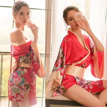 Sexy uzpūtenis Apakšveļa kimono plānas ledus zīda zaudēt nightdress pusnakts šarmu kārdinājumam dziļu V drukāšanas Japāņu kimono pidžamas
