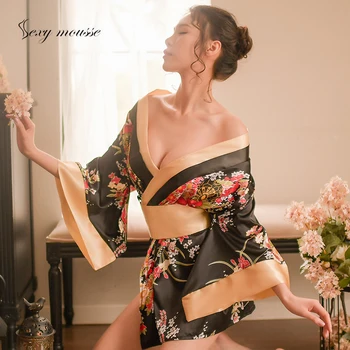 Sexy uzpūtenis Apakšveļa kimono plānas ledus zīda zaudēt nightdress pusnakts šarmu kārdinājumam dziļu V drukāšanas Japāņu kimono pidžamas