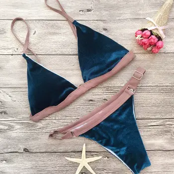 Sexy Zila Sarkana Samta Polsterēta Push-up Mini Mikro Bikini Komplekts Sieviešu Peldkostīmu peldkostīms, Peldbikses Beachwear Biquinis Feminino 2019