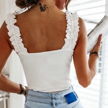 Sievietes bez Piedurknēm Ruffles Siksna Kvadrātveida Kakla T-krekli Cietā Vasaras Backless Sieviešu Slim Crop Topi Dāma Apvalku Gadījuma T-krekls 2020