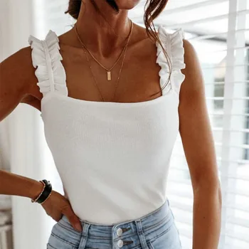 Sievietes bez Piedurknēm Ruffles Siksna Kvadrātveida Kakla T-krekli Cietā Vasaras Backless Sieviešu Slim Crop Topi Dāma Apvalku Gadījuma T-krekls 2020
