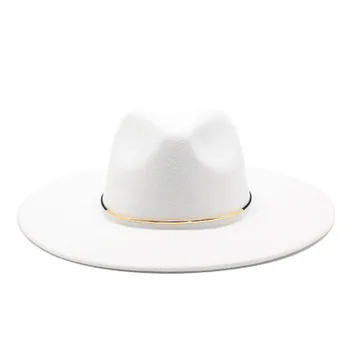 Sieviešu cepures fedora 9.5 cm liels malām tīrtoņa krāsu joslas jostas zelta ķēdes filca cepures oficiālās baznīcas kāzu klasisks balto ziemas cepures vīriešiem