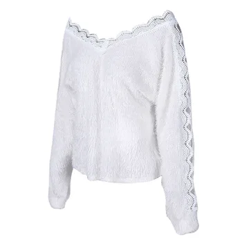 Sieviešu Džemperis Elegants Modes Pilnā Garumā Regulāri Piedurknēm Mežģīnēm Rotātas vienkrāsainu V-veida kakla Brīvs Apģērbs 9290