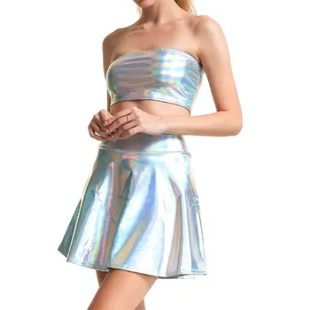 Sieviešu Hologrāfiskā Strapless Tops, Mini Svārki, Divas Gabals, kas augstu uzrullētu apkakli Top Sexy Svārki 2 Gab. Komplekts Vasaras Streetwear Tērps-kleita