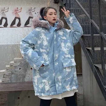 Sieviešu korejiešu stilā zaudēt ins Harajuku stils ziemas bieza vidējā garuma maskēties kapuci kokvilnas jaka outwear