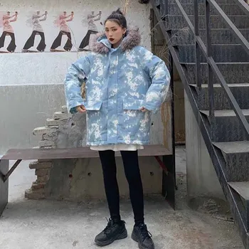 Sieviešu korejiešu stilā zaudēt ins Harajuku stils ziemas bieza vidējā garuma maskēties kapuci kokvilnas jaka outwear