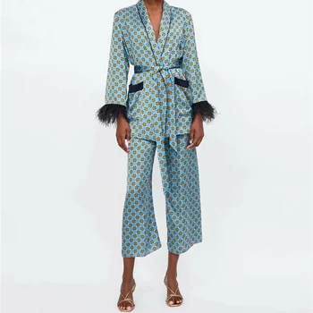 Sieviešu kostīmi ir 2021. Jaunas Ielidošanas Iespiests Zilā Kimono Jaka ar Spalvu Piedurknēm Plaša Kāju bikses divdaļīga Vintage Apģērbs, Uzvalki