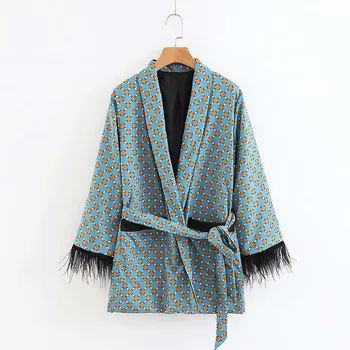 Sieviešu kostīmi ir 2021. Jaunas Ielidošanas Iespiests Zilā Kimono Jaka ar Spalvu Piedurknēm Plaša Kāju bikses divdaļīga Vintage Apģērbs, Uzvalki