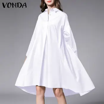 Sieviešu Krekls Kleita ir 2021. VONDA Gadījuma Cietā Long Sleeve Mini Kleitas Zaudēt Atloks Neregulāru Apakšmalu Bohēmijas Vestidos Femme Sundress