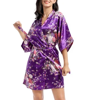 Sieviešu Nightrobe Zīda Satīna Kimono, Halāti, Ziedu Drukāt Līgava Kāzu Naktī halāti Sleepwear Sexy Dāmas Nightgowns 20647