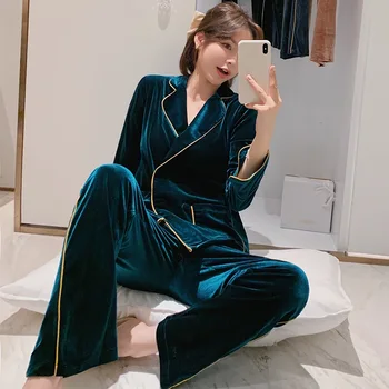 Sieviešu Pidžamas Uzvalks Sleepwear Savukārt Apkakle Apakšveļa Velūra Rudens Ziemas Peldmētelis Kimono Kleita 2GAB Naktsveļu Homewear