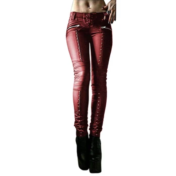 Sieviešu Retro Mākslīgās Ādas Bikses Kniežu Mežģīnes-up Ilgi Izdilis Bikses Streetwear
