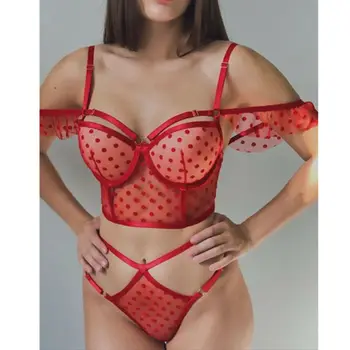 Sieviešu Sexy Apakšveļa, Erotiska Skatīt Caur Dot Mežģīņu Acu Piedurknēm Apgrieztu Augšas G-String Komplekti Apakšveļa Sleepwear