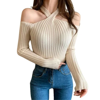 Sieviešu Sexy Pie Pleca Džemperis Sievietēm Pavada Modes Garām Piedurknēm Gadījuma Cietā Adīt Džemperi Femme Džemperis 2020. Gada Rudens