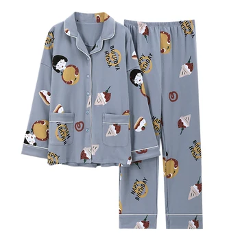 Sieviešu Sleepwear Plus Izmērs 3XL Kokvilnas Naktskrekls Zaudēt Versija Pidžamu Atloks, Pavasarī, Rudenī Pidžamas Karikatūra Nighty garām Piedurknēm, PLĀNĀS