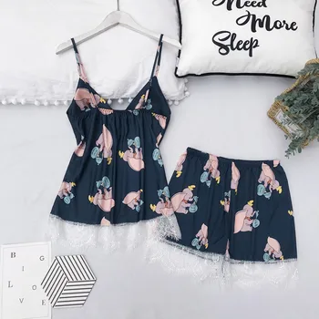 Sieviešu Sleepwear Sexy Satīna Pidžamas Komplekts Baltā krāsā Mežģīnes V-veida Kakla Pidžamas bez Piedurknēm Gudrs Cami Top un Šorti