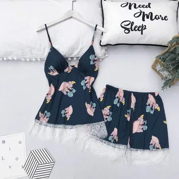 Sieviešu Sleepwear Sexy Satīna Pidžamas Komplekts Baltā krāsā Mežģīnes V-veida Kakla Pidžamas bez Piedurknēm Gudrs Cami Top un Šorti
