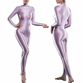 Sieviešu Spīdīgu Spandex Garām Piedurknēm Deju Jumpsuit Rāvējslēdzēju Kājstarpes Daļēji Redzēt Cauri Unitard Pilna Ķermeņa Dancewear Catsuits Meitenes