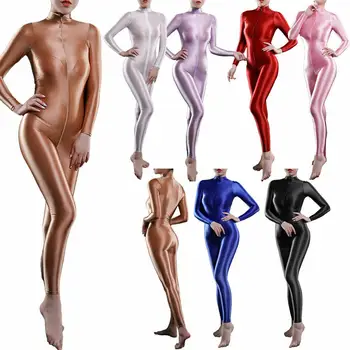 Sieviešu Spīdīgu Spandex Garām Piedurknēm Deju Jumpsuit Rāvējslēdzēju Kājstarpes Daļēji Redzēt Cauri Unitard Pilna Ķermeņa Dancewear Catsuits Meitenes