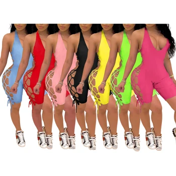 Sieviešu tīrtoņa Krāsu Sexy dobi no Backless bez Piedurknēm Siksniņa Dziļu V Pavada Romper Mežģīnes-up Jumpsuit fitnesa Bodysuit partywear