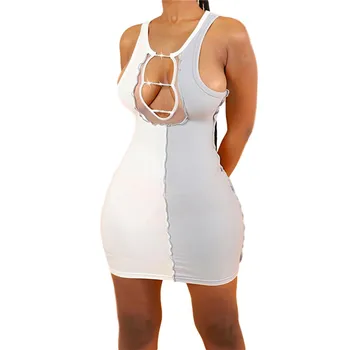 Sieviešu Vasaras Bodycon Slim Kleita Modes bez Piedurknēm tīrtoņa Krāsu Kontrasts Acs Dzija, Izšūšanas Priekšā Dobi Īss Mini Kleita