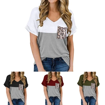 Sieviešu Vasaras Brīvs Krekls Dāmas Gadījuma Īsām Piedurknēm, V Veida Kakla Leoparda Kabatas Modes T-Krekls