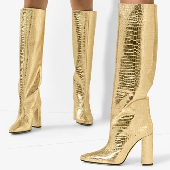 Sieviešu zābaki zelta Krokodila ādas tekstūru reljefs pātagot kurpes modes zip dāmu papēžiem 2019 jauno dizaineru zīmolu sieviešu kurpes