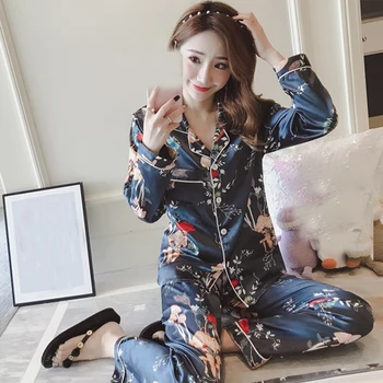 Sieviešu Zīda Pidžamas Komplekti, Satīna Pyjama Sleepwear Long Sleeve Lielu Izmēru Modes Pidžamu Meitene Naktsveļu Uzvalks Mājas Drēbes 2020 5073