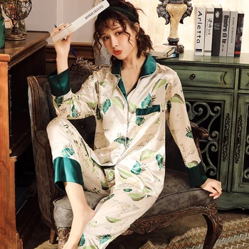 Sieviešu Zīda Pidžamas Komplekti, Satīna Pyjama Sleepwear Long Sleeve Lielu Izmēru Modes Pidžamu Meitene Naktsveļu Uzvalks Mājas Drēbes 2020