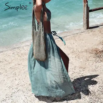 Simplee Sexy caurspīdīgs cietā sieviešu vasaras stils segtu ups svārki Mežģīnes up pludmali, valkāt sieviešu svārki-line brīvdienu midi svārki