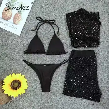 Simplee Vintage sequin bikini komplekts Caurspīdīga četros gabalos pleds siksna, sieviešu peldkostīmi Push up vasaras pludmali, valkāt peldkostīms 2020