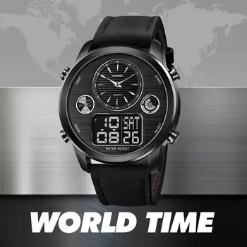 SKMEI Pasaules Laiks, Digitālo Vīriešu Pulksteņi Dual Kustību Modes Vīriešu rokas Pulkstenis LED Chrono Ādas Siksna Vīriešu Pulkstenis reloj hombre 1653 39020