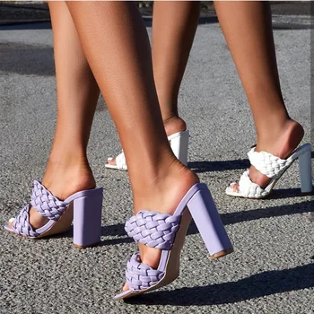 Skrejceļa Modes Sandales Sieviešu Mūļu Slip-on augstpapēžu Sandales 2020. Gadam Sexy Atvērtu Purngalu Austi Slaidu Sieviešu Čības Violeta Plus Lieluma 42