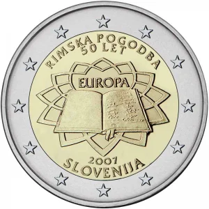 Slovēnija 2007. gada 50. Gadadienai kopš Romas Līguma 2 Euro Reālo Oriģinālu Monētu Taisnība Eiro Vākšana Piemiņas Monētu Unc