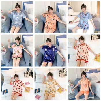 SLPBELY Īsām Piedurknēm Mākslīgās Zīda Pidžamas Sieviešu Satīna Pidžamas Komplekti Karikatūra Lācis Naktsveļu Homewear Sievietēm Sleepwear Komplekti